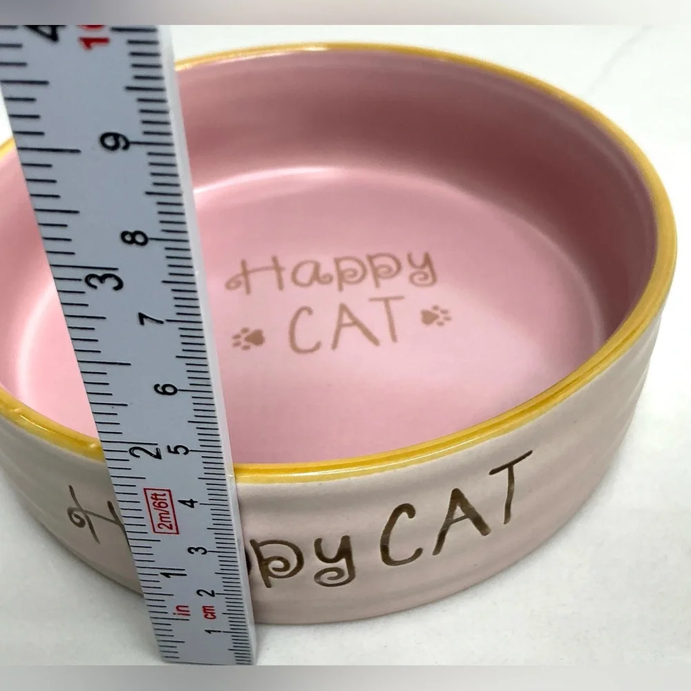 Spectrum Cat Bowl Ceramic Pink Pet Dish Food Water Happy Cat Pawprints 5.25